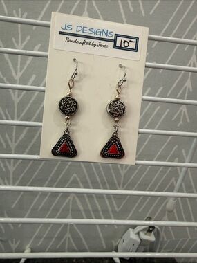 JS Designs Silver-Tone Dangle Earrings with Red Triangle Accents